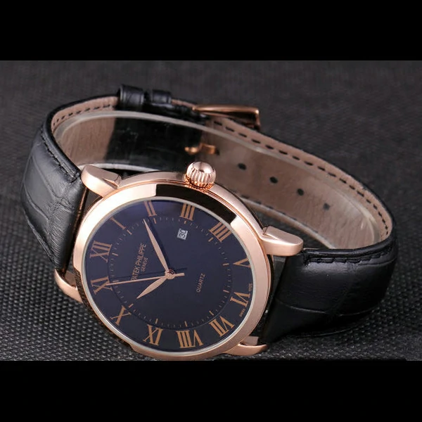 Patek Philipe Calatrava Roze Gold Polished Bezel Black Leather Bracelet new59428