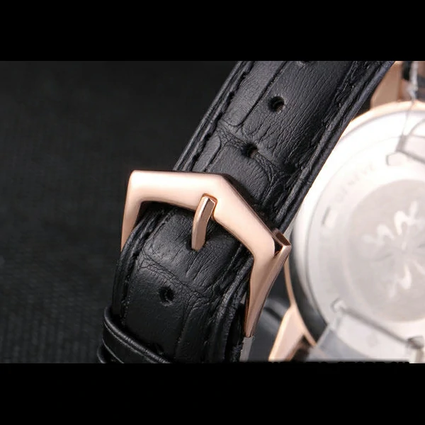 Patek Philipe Calatrava Roze Gold Polished Bezel Black Leather Bracelet new59428