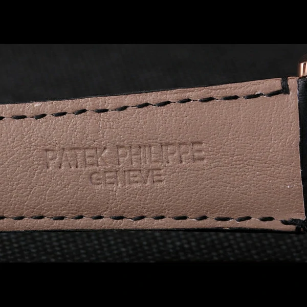 Patek Philipe Calatrava Roze Gold Polished Bezel Black Leather Bracelet new59428