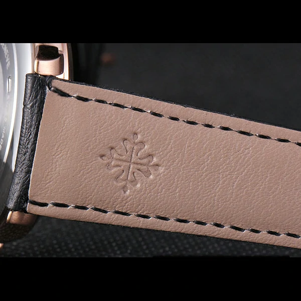Patek Philipe Calatrava Roze Gold Polished Bezel Black Leather Bracelet new59429