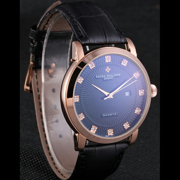 Patek Philipe Calatrava Roze Gold Polished Bezel Black Leather Bracelet new59429