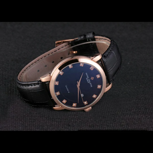 Patek Philipe Calatrava Roze Gold Polished Bezel Black Leather Bracelet new59429
