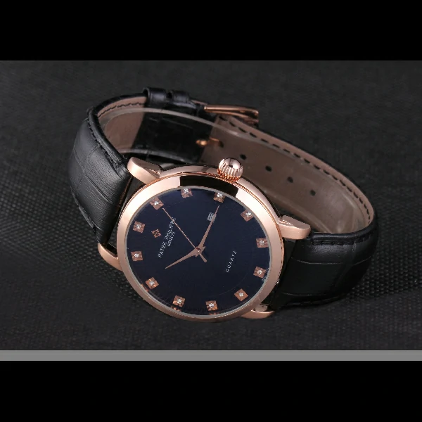 Patek Philipe Calatrava Roze Gold Polished Bezel Black Leather Bracelet new59429