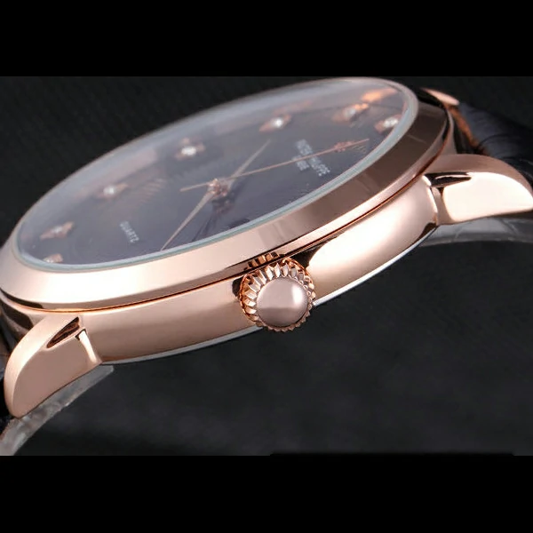 Patek Philipe Calatrava Roze Gold Polished Bezel Black Leather Bracelet new59429