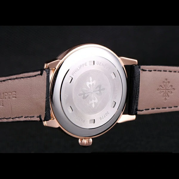 Patek Philipe Calatrava Roze Gold Polished Bezel Black Leather Bracelet new59429