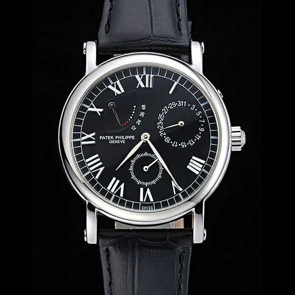 Patek Philippe Geneve Complications Black Dial Stainless Steel Bezel Black Leather Band new60040