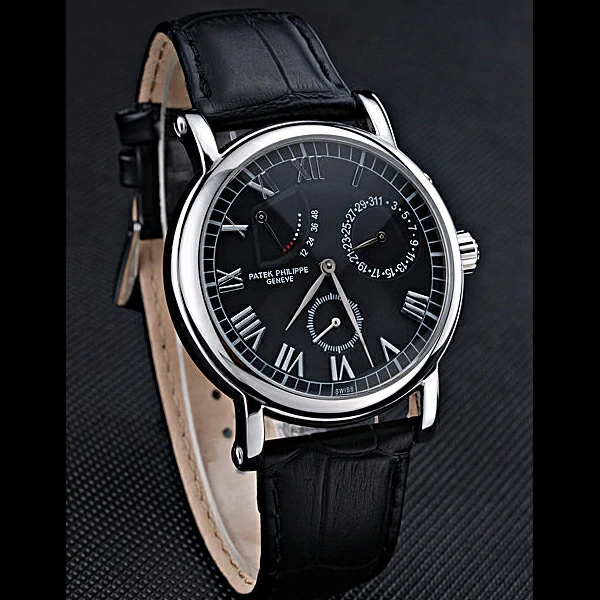 Patek Philippe Geneve Complications Black Dial Stainless Steel Bezel Black Leather Band new60040