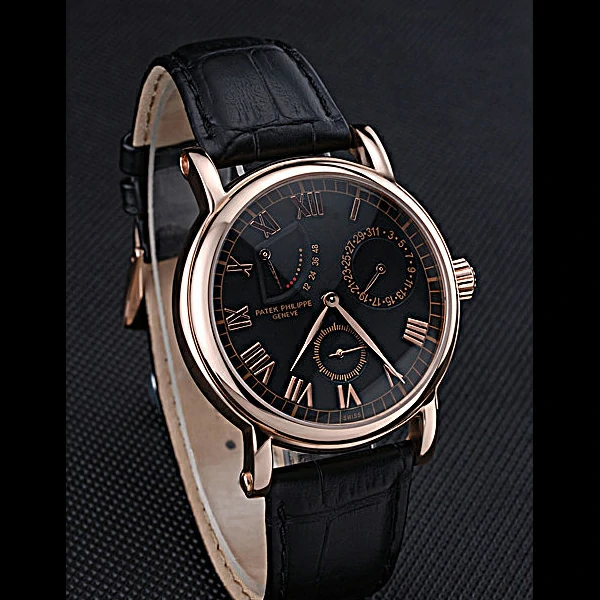 Patek Philippe Geneve Complications Black Dial Rose Gold Bezel Black Leather Band new60042