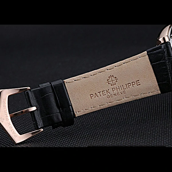 Patek Philippe Geneve Complications Black Dial Rose Gold Bezel Black Leather Band new60042