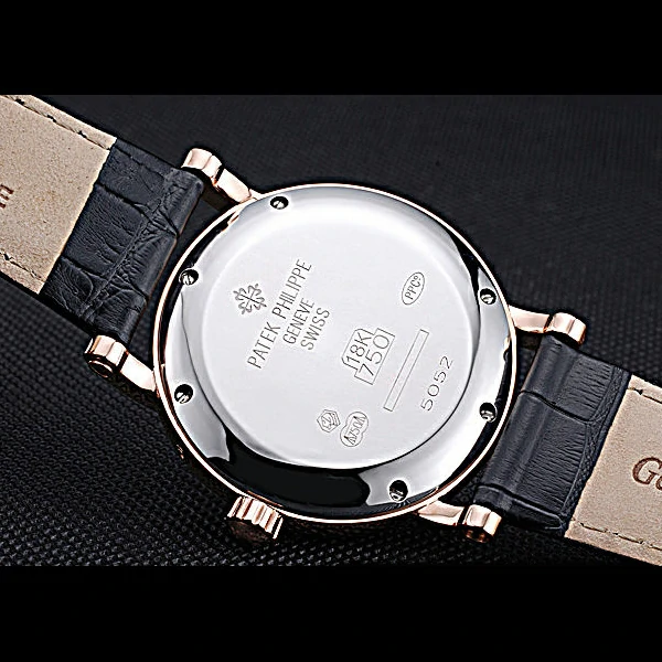 Patek Philippe Geneve Complications Black Dial Rose Gold Bezel Black Leather Band new60042