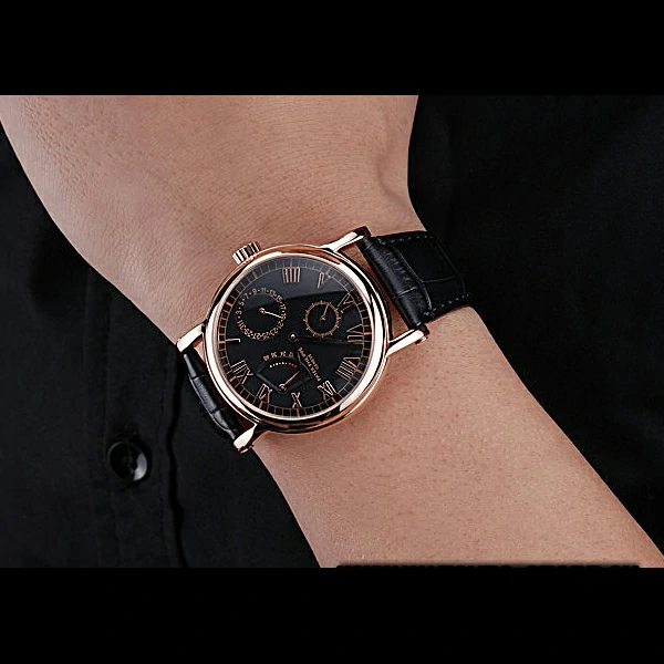 Patek Philippe Geneve Complications Black Dial Rose Gold Bezel Black Leather Band new60042