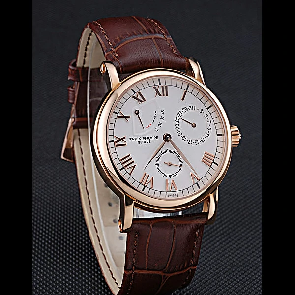 Patek Philippe Geneve Complications White Dial Rose Gold Bezel Brown Leather Band new60043