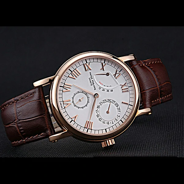 Patek Philippe Geneve Complications White Dial Rose Gold Bezel Brown Leather Band new60043
