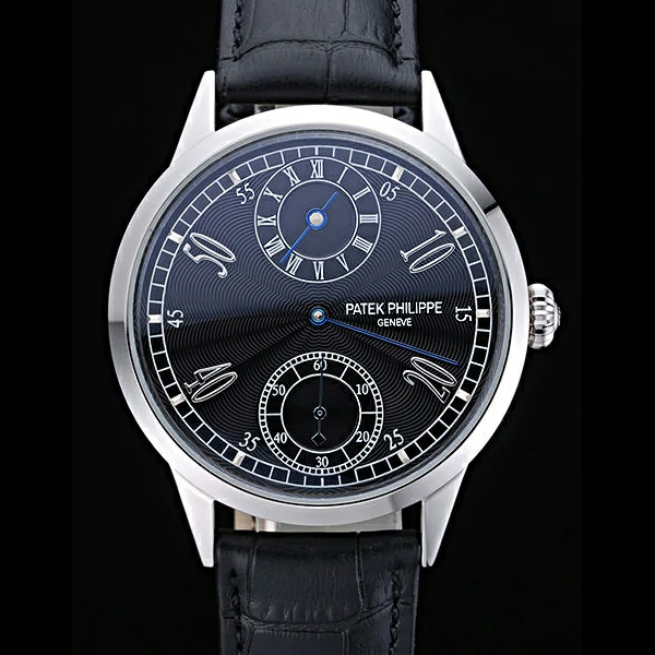 Patek Philippe Geneve Two Dial Black Dial Stainless Steel Bezel Black Leather Band new60044