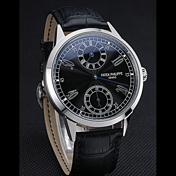 Patek Philippe Geneve Two Dial Black Dial Stainless Steel Bezel Black Leather Band new60044