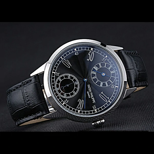 Patek Philippe Geneve Two Dial Black Dial Stainless Steel Bezel Black Leather Band new60044