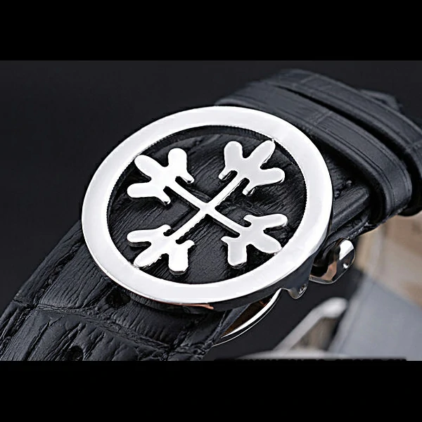 Patek Philippe Geneve Two Dial Black Dial Stainless Steel Bezel Black Leather Band new60044