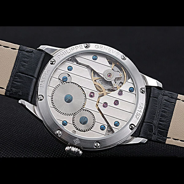 Patek Philippe Geneve Two Dial Black Dial Stainless Steel Bezel Black Leather Band new60044