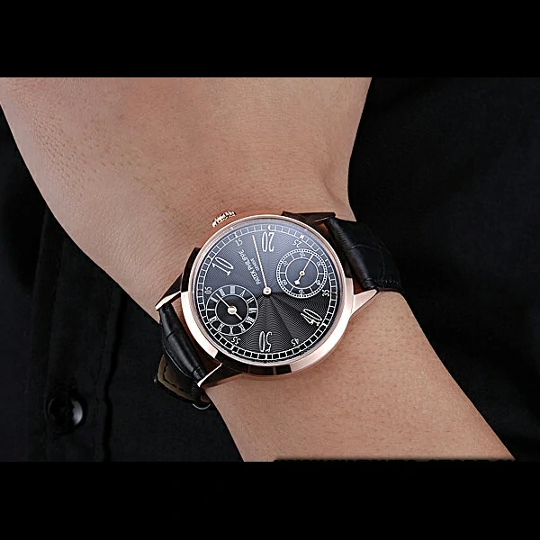 Patek Philippe Geneve Two Dial Black Dial Rose Gold Bezel Black Leather Band new60045
