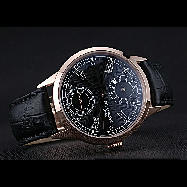 Patek Philippe Geneve Two Dial Black Dial Rose Gold Bezel Black Leather Band new60045
