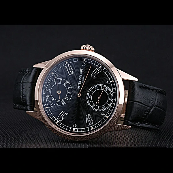 Patek Philippe Geneve Two Dial Black Dial Rose Gold Bezel Black Leather Band new60045