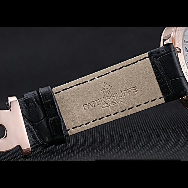 Patek Philippe Geneve Two Dial Black Dial Rose Gold Bezel Black Leather Band new60045