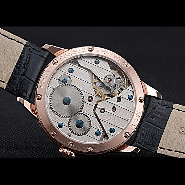 Patek Philippe Geneve Two Dial Black Dial Rose Gold Bezel Black Leather Band new60045