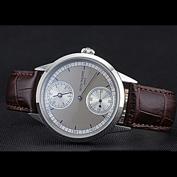 Patek Philippe Geneve Two Dial Gray Dial Stainless Steel Bezel Brown Leather Band new60046