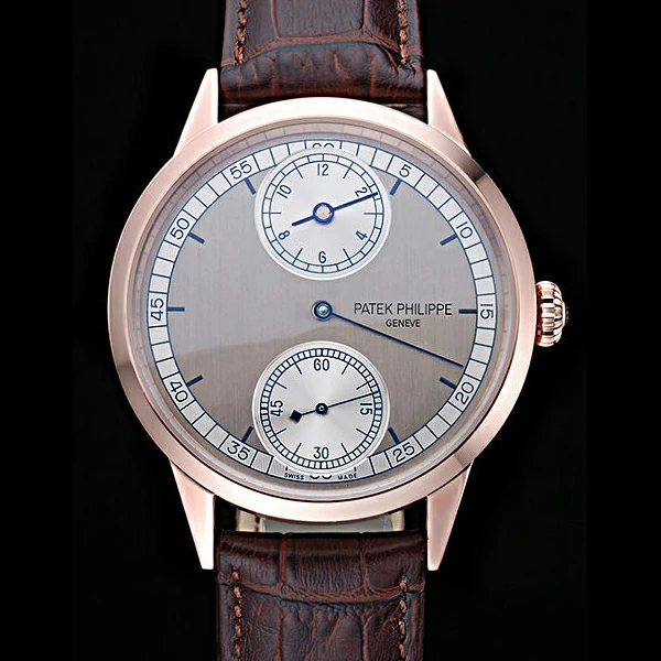 Patek Philippe Geneve Two Dial Gray Dial Rose Gold Bezel Brown Leather Band new60047