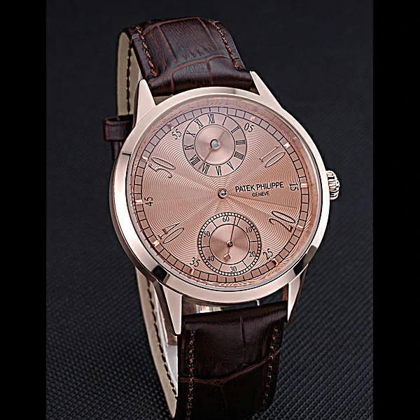 Patek Philippe Geneve Two Dial Rose Dial Rose Gold Bezel Brown Leather Band new60048