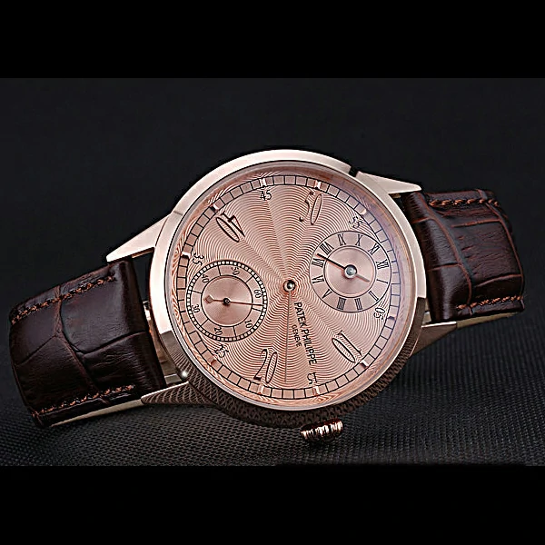 Patek Philippe Geneve Two Dial Rose Dial Rose Gold Bezel Brown Leather Band new60048