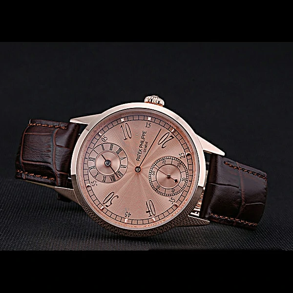 Patek Philippe Geneve Two Dial Rose Dial Rose Gold Bezel Brown Leather Band new60048