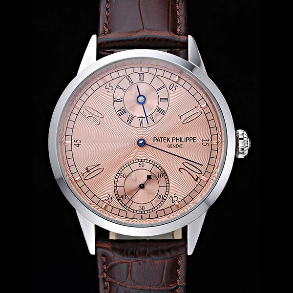 Patek Philippe Geneve Two Dial Rose Dial Stainless Steel Brown Leather Band new60049
