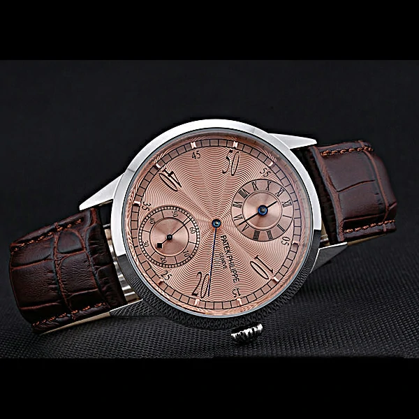 Patek Philippe Geneve Two Dial Rose Dial Stainless Steel Brown Leather Band new60049