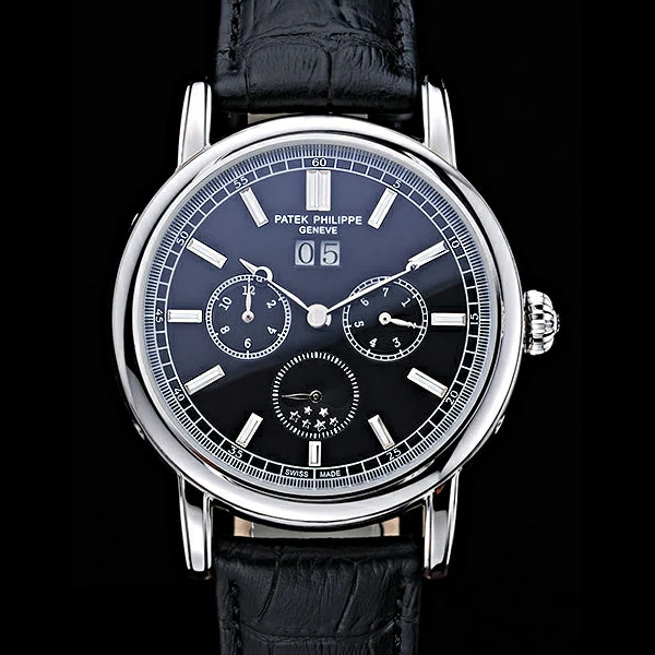 Patek Philippe Geneve Grand Complications Black Dial Stainless Steel Bezel Black Leather Band new60052