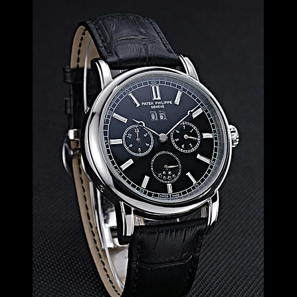 Patek Philippe Geneve Grand Complications Black Dial Stainless Steel Bezel Black Leather Band new60052