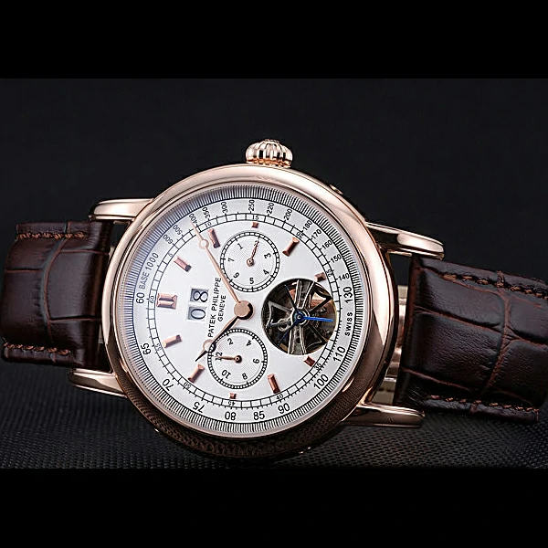 Patek Philippe Geneve Grand Complications White Dial Tourbillon Rose Gold Bezel Brown Band new60054