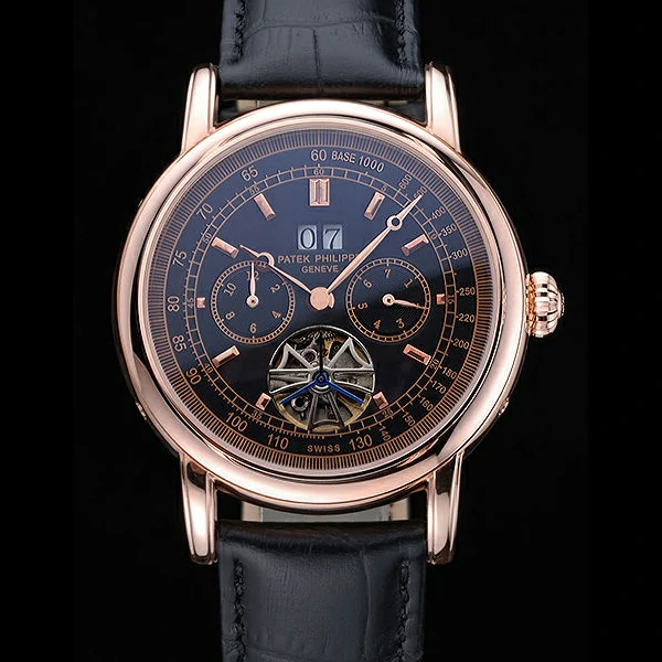 Patek Philippe Geneve Grand Complications Black Dial Tourbillon Rose Gold Bezel Black Band new60055