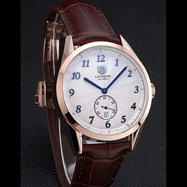 Tag Heuer Carerra Calibre 6 White Dial Blue Numbers Brown Leather Band new60058