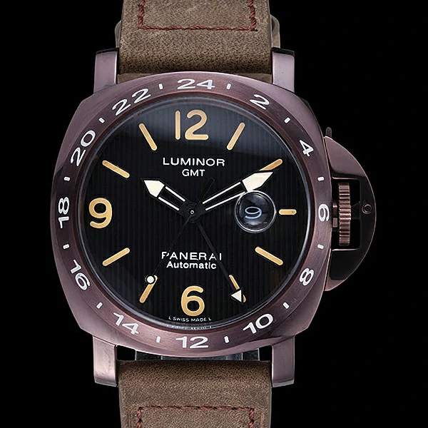 Panerai Luminor GMT Purple Stainless Steel Bezel Khaki Leather Bracelet new60204