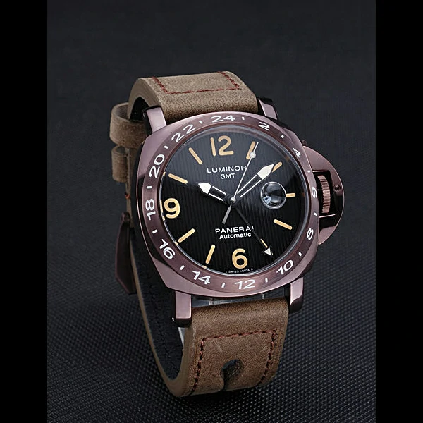 Panerai Luminor GMT Purple Stainless Steel Bezel Khaki Leather Bracelet new60204