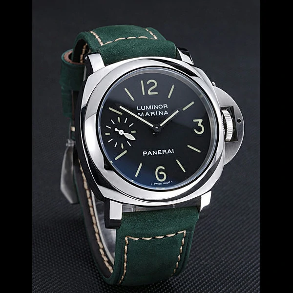 Panerai Luminor Marina Polished Stainless Steel Bezel Green Leather Bracelet new60206