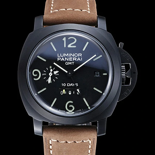 Panerai Luminor GMT Ion Plated Stainless Steel Bezel Khaki Leather Bracelet new60211
