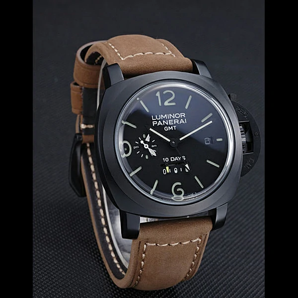 Panerai Luminor GMT Ion Plated Stainless Steel Bezel Khaki Leather Bracelet new60211