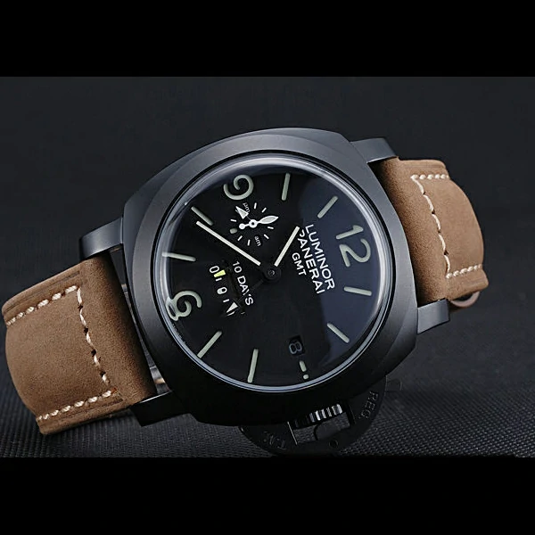 Panerai Luminor GMT Ion Plated Stainless Steel Bezel Khaki Leather Bracelet new60211