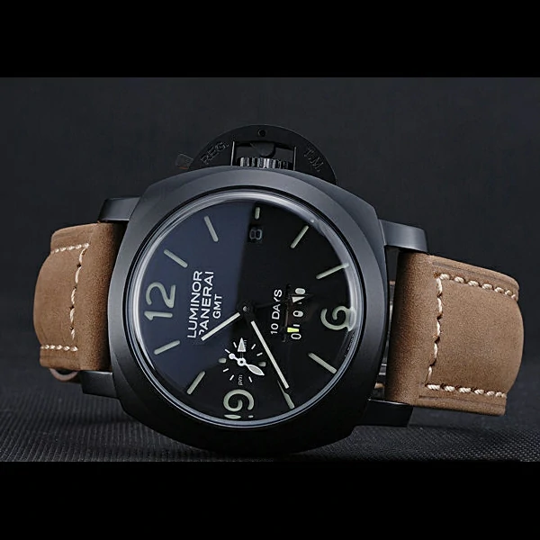 Panerai Luminor GMT Ion Plated Stainless Steel Bezel Khaki Leather Bracelet new60211