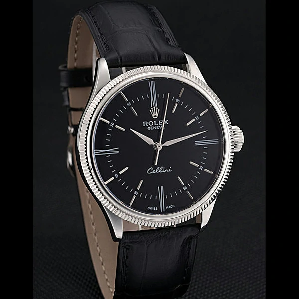 Rolex Cellini Time Silver Case Black Dial Black Leather Bracelet new60538