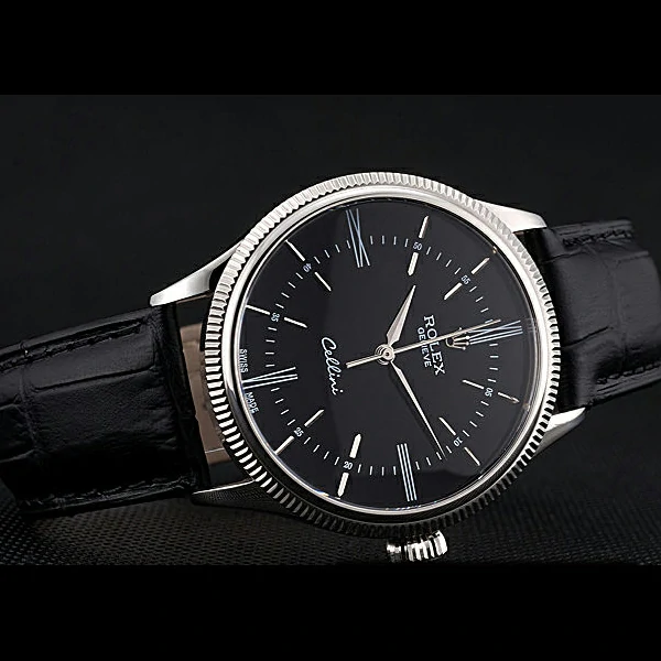 Rolex Cellini Time Silver Case Black Dial Black Leather Bracelet new60538