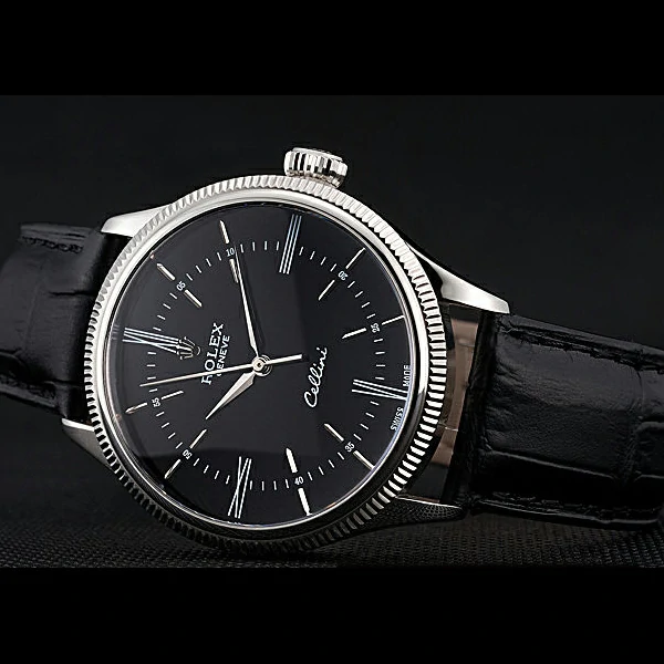 Rolex Cellini Time Silver Case Black Dial Black Leather Bracelet new60538