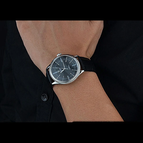 Rolex Cellini Time Silver Case Black Dial Black Leather Bracelet new60538